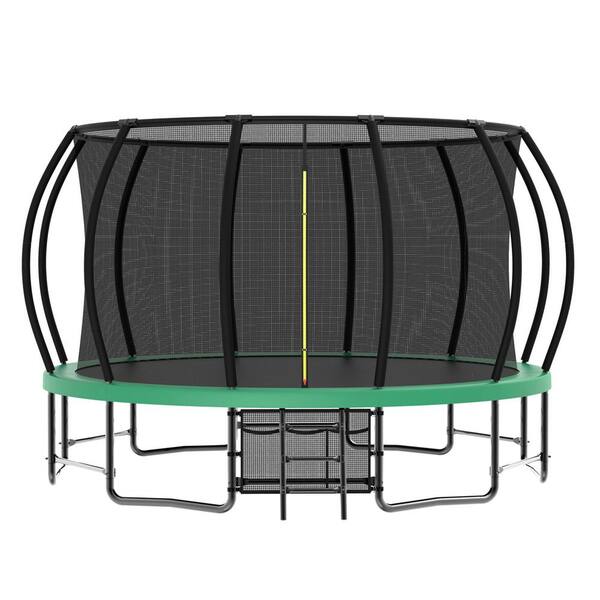 Boosicavelly 16 ft. Green Galvanized Anti-Rust Outdoor Round Trampoline with Balance Bar with Enclosure Net and Carriage Bag
