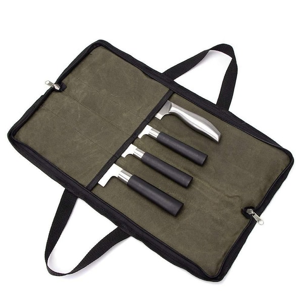 Green Knife Roll, Heavy Duty Knife Bag, Waxed Canvas knife Case with 4 Slots for Knives Kitchen Tools, Chef Knife Bag