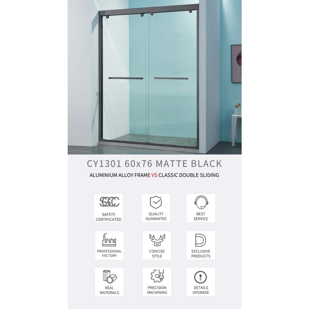 60" Matte Black Aluminum Framed Double Sliding Shower Door