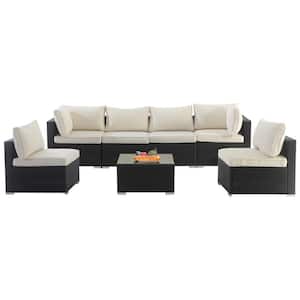 7-Pieces PE Rattan Wicker Outdoor Sectional Patio Furniture Sets with Beige Cushion and Glass Coffee Side Table in Gray