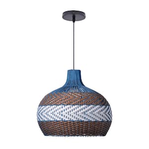 1-Light Blue Rattan Pendant Light with Drum Shade 23.62 in.