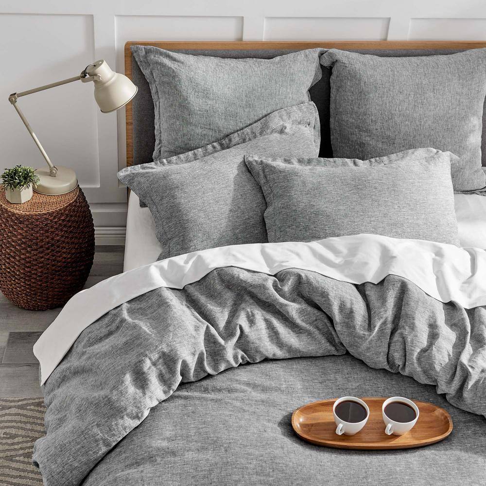Heathered Stone Gray Linen Euro Sham with Flange