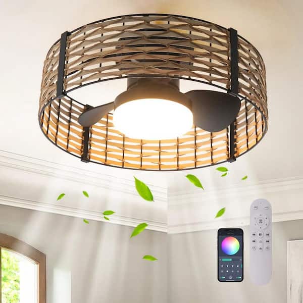 20 in. Bamboo Rattan Boho Caged Ceiling Fan with RGB Dimmable Integrated LED and Remote Included for Bedroom Living Room