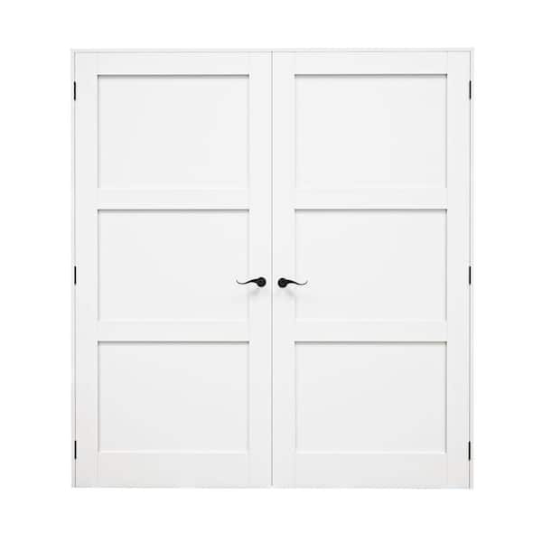 72 in. x 80 in. Paneled Blank 3-Lite White Solid Core MDF Universal Handed Double Prehung French Door with Assemble Jamb