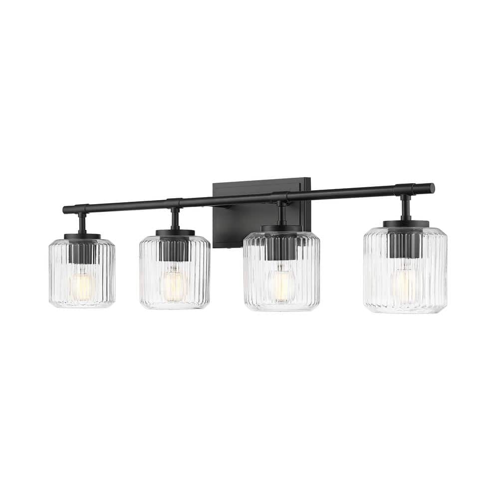 Landon 32 in. 4 Light Matte Black Vanity Light with Clear Ribbed Glass Shad