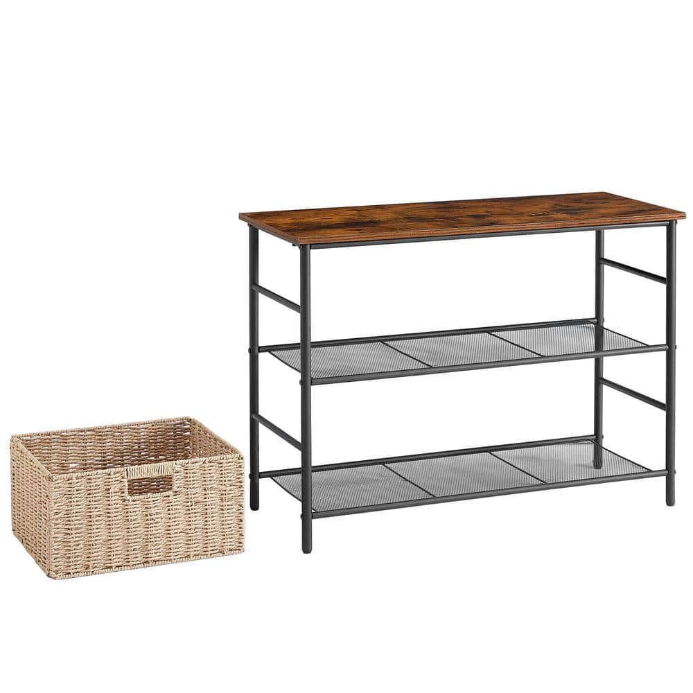 VECELO 32.4" Industrial 3-Tier Console Table with 2 Straw Storage Baskets, Sofa Table with Mesh Shelf for Living Room, Stable Metal Frame for Living Room, Brown