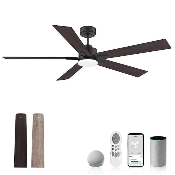 60 in. Smart Standard Outdoor Indoor Black Downrod Mount Ceiling Fan with Lights Remote,Voice Control Via Alexa,Dimmable