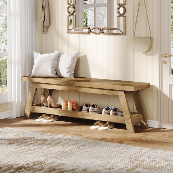 13 in. H x 55 in. W Light Walnut Wood Shoe Storage Bench, Large 2-Tier Narrow Shoe Bench with Shelves Entryway Foyer