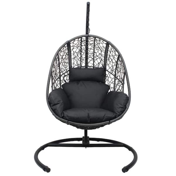 Foldable 350 lbs. 1-Person Gray Wicker Porch Swing Egg Chair with Gray Stand Black Cushions 2-Pack