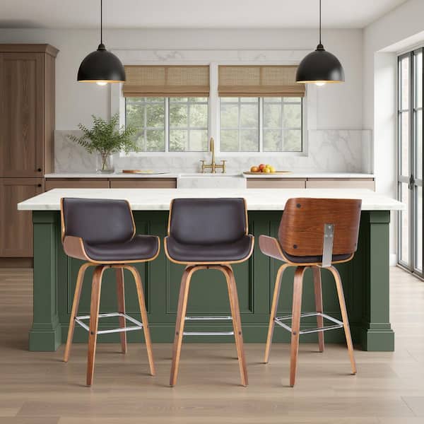 Tyler 38 in. H Brown Low Back Wood Bar Stool with Faux Leather Seat (Set of 3)