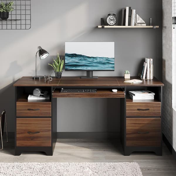 59 in. Rectangular Cherry 4-Drawers Computer Executive Desk with 2-Open Storage and Keyboard Tray