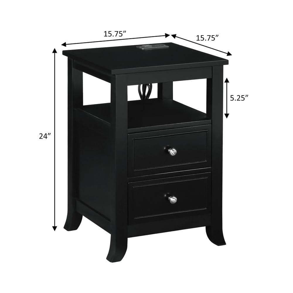 Black square end table with dimension labels showing 15.75" width and 24" height.