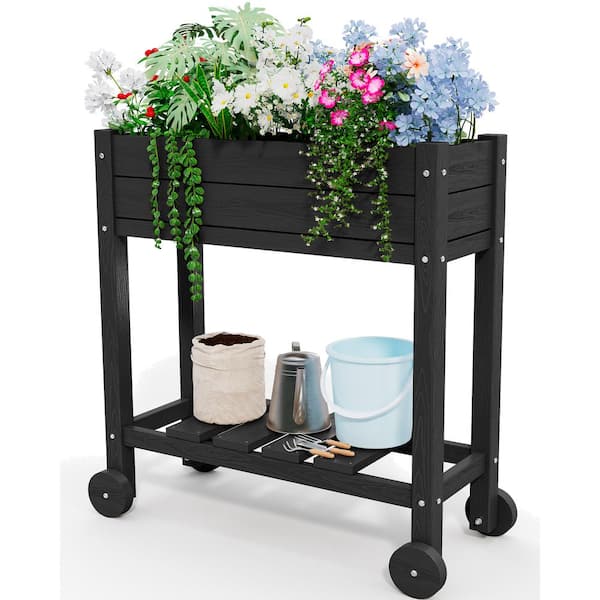 JEAREY HDPE 28.3 in. x 10 in. x 9.5 in. Outdoor Plastic Raised Garden Bed in Black