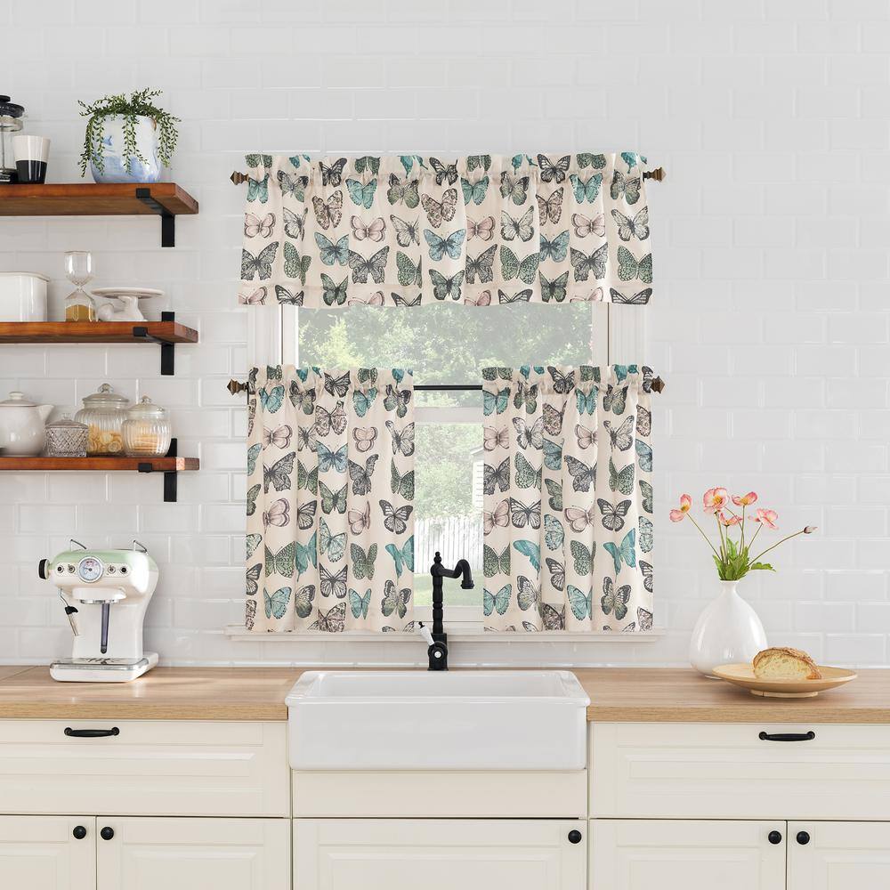 Blue Butterfly Print Sheer Polyester Kitchen Curtain Tier Pair