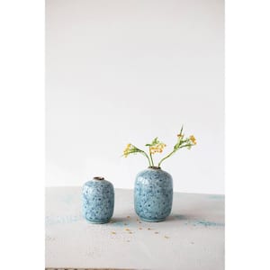 Decorative Round Terra-cotta Vase with Floral Pattern 4.75 in. in Blue