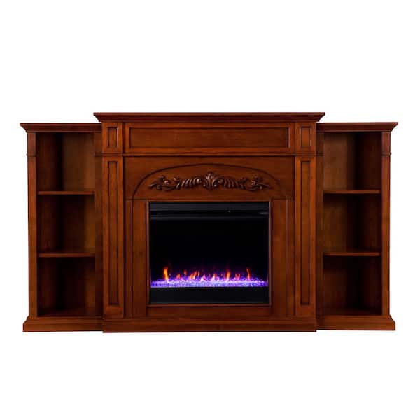 Overton Color Changing 73 in. Electric Fireplace with Bookcases in Autumn Oak