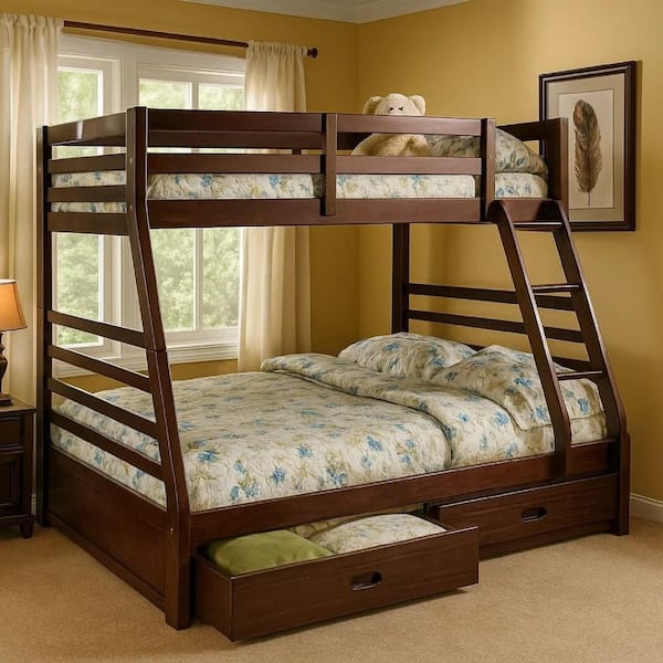 Modern Walnut Brown Twin Over Full Bunk Bed with Drawers