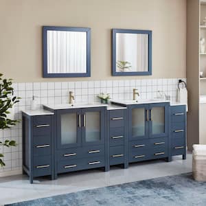 Brescia 96 in. W x 18 in. D x 36 in. H Double Sink Bath Vanity in Blue with White Ceramic Top and Mirror