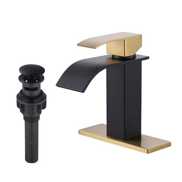 Modern Single-Handle Single-Hole Bathroom Faucet with Deck Plate and Pop-Up Drain in Black and Gold