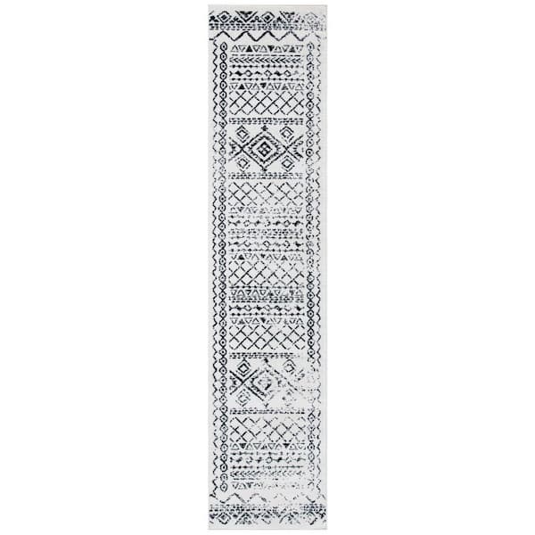 Tulum 2 ft. x 15 ft. Ivory/Black Border Tribal Distressed Runner Rug