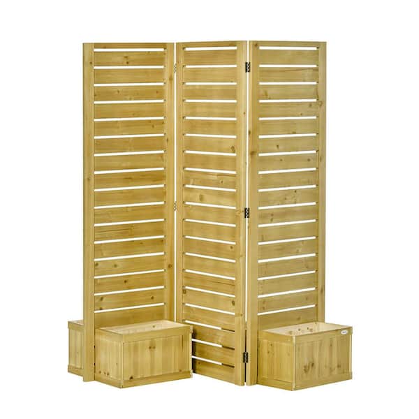 Freestanding Outdoor Privacy Screen, 4 Self-Draining Planters with Raised Garden Beds, 3 Hinged Panels, Natural