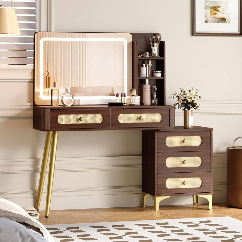 brown dressing table with drawers 5-Drawer Makeup Vanity Desk, Modern Dressing Table with Cabinet, Gray