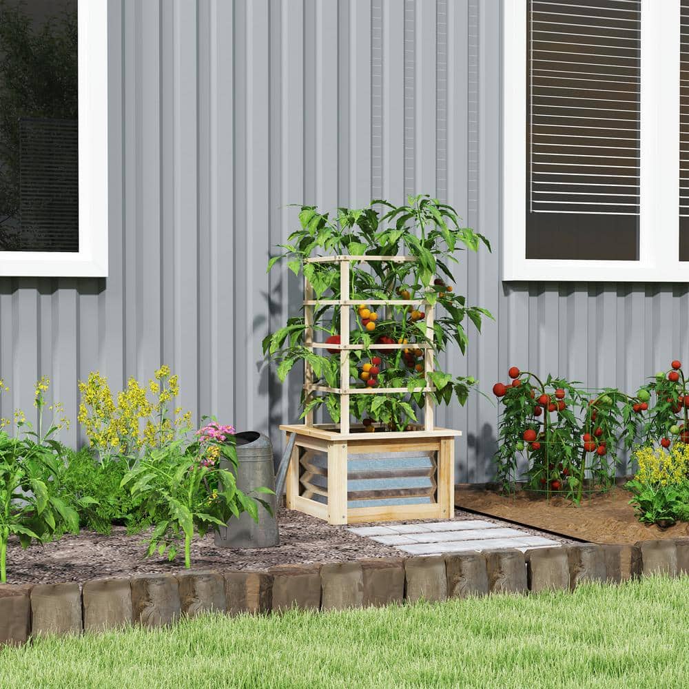 Natural Fir Wood and Galvanized Steel Planter with Trellis