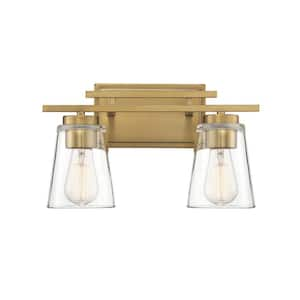 Calhoun 14.63 in. W x 8.75 in. H 2-Light Warm Brass Bathroom Vanity Light with Clear Cone Glass Shades