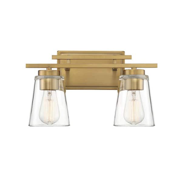 Savoy House Calhoun 14.63 in. W x 8.75 in. H 2-Light Warm Brass Bathroom Vanity Light with Clear Cone Glass Shades