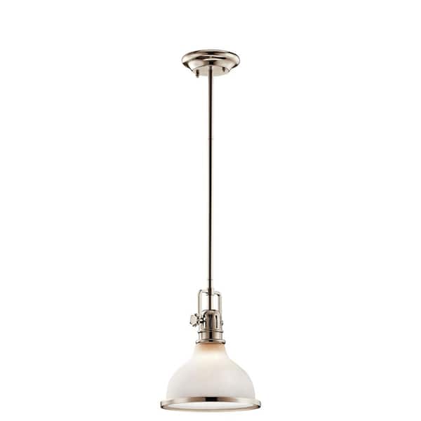 KICHLER Hatteras Bay 1-Light Polished Nickel Vintage Industrial Shaded Kitchen Mini Pendant Hanging Light with Etched Glass
