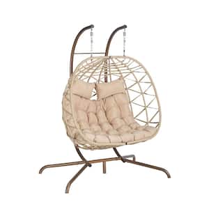 Modern Metal Large Light Yellow Ratten Double Seat Patio Swing Egg Chair with Beige Cushions