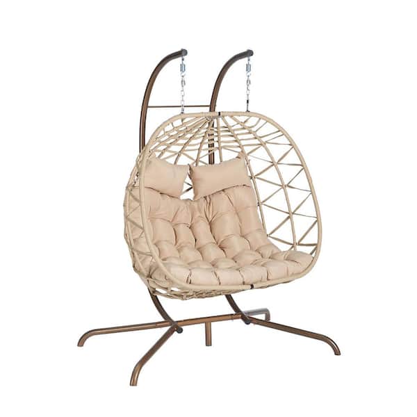 Sudzendf Modern Metal Large Light Yellow Ratten Double Seat Patio Swing Egg Chair with Beige Cushions