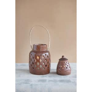 Terra Cota Handmade Lantern with Cut-Outs and Rattan Wrapped Handle, Reactive Glaze