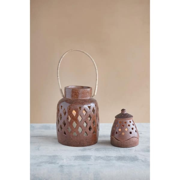 Storied Home Terra Cota Handmade Lantern with Cut-Outs and Rattan Wrapped Handle, Reactive Glaze