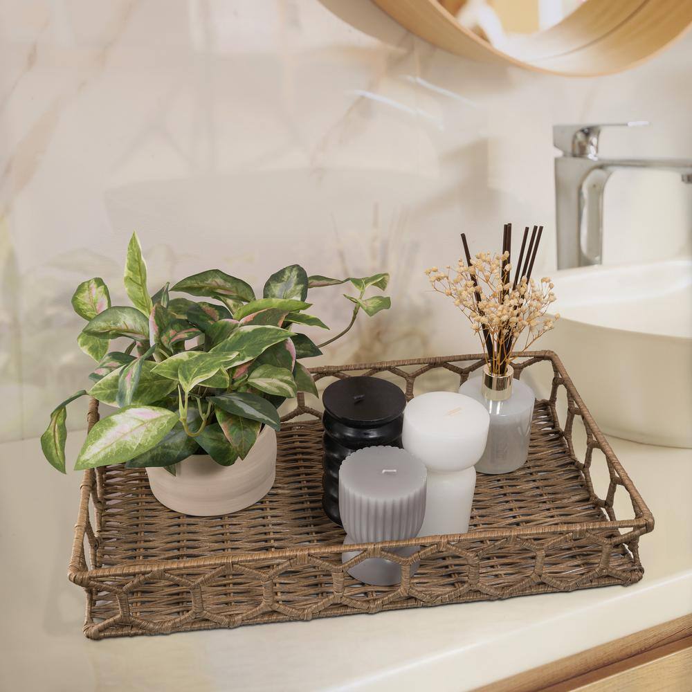 Natural Hand-Woven Rattan Rectangular Tray with Iron Frame