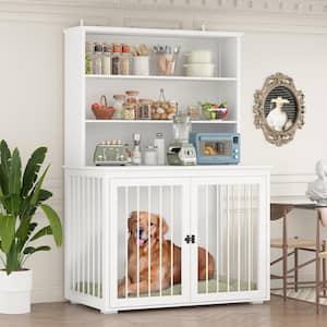 Large Wooden Heavy-Duty Dog Crate Storage Cabinet, Dog House Kennel with Wood 3-Shelf Bookcase Bookshelf for Dogs, White