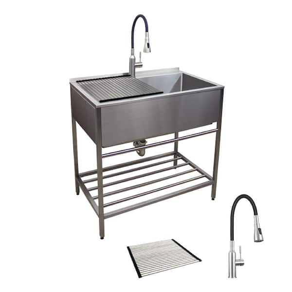 36 in. x 22 in. x 34 in. Stainless Steel Apron-Front Freestanding Utility/Laundry Sink with Wash Stand in Brushed Satin