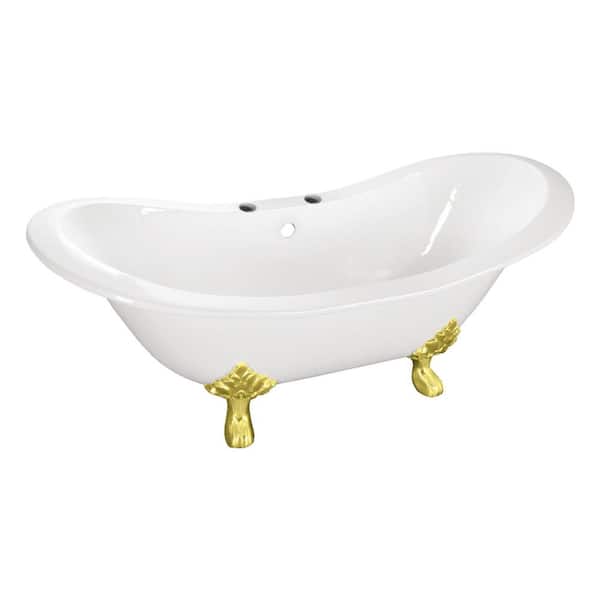 Aqua Eden 61 in. x 30.1 in. Cast Iron Oval Clawfoot Soaking Bathtub in White/Polished Brass