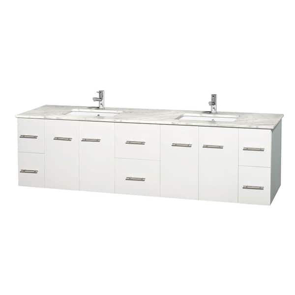 Wyndham Collection Centra 80 in. Double Vanity in White with Marble Vanity Top in Carrara White and Under-Mount Sinks