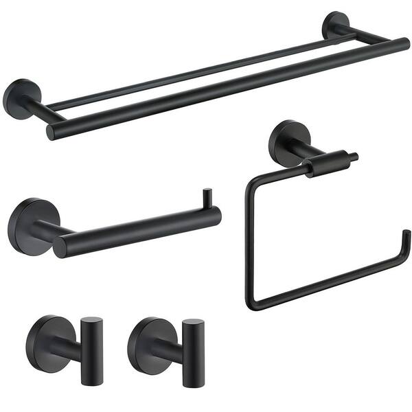 Porter 5-Piece Bath Hardware Set with 24 in. Towel Bar Towel Ring TP Holder and 2 Towel Hooks in Stainless Matte Black