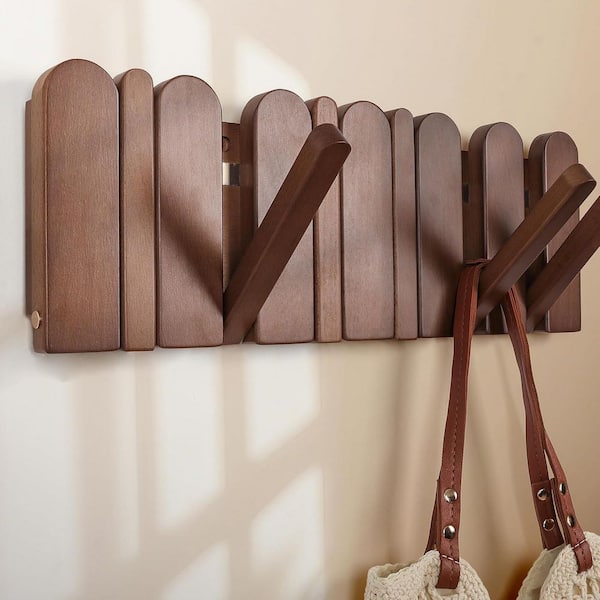 Heavy Duty Brown 6 Hooks Wooden Modern Retractable Wall Coat Rack for Entryway for Small Space Hallway Bathroom Bedroom