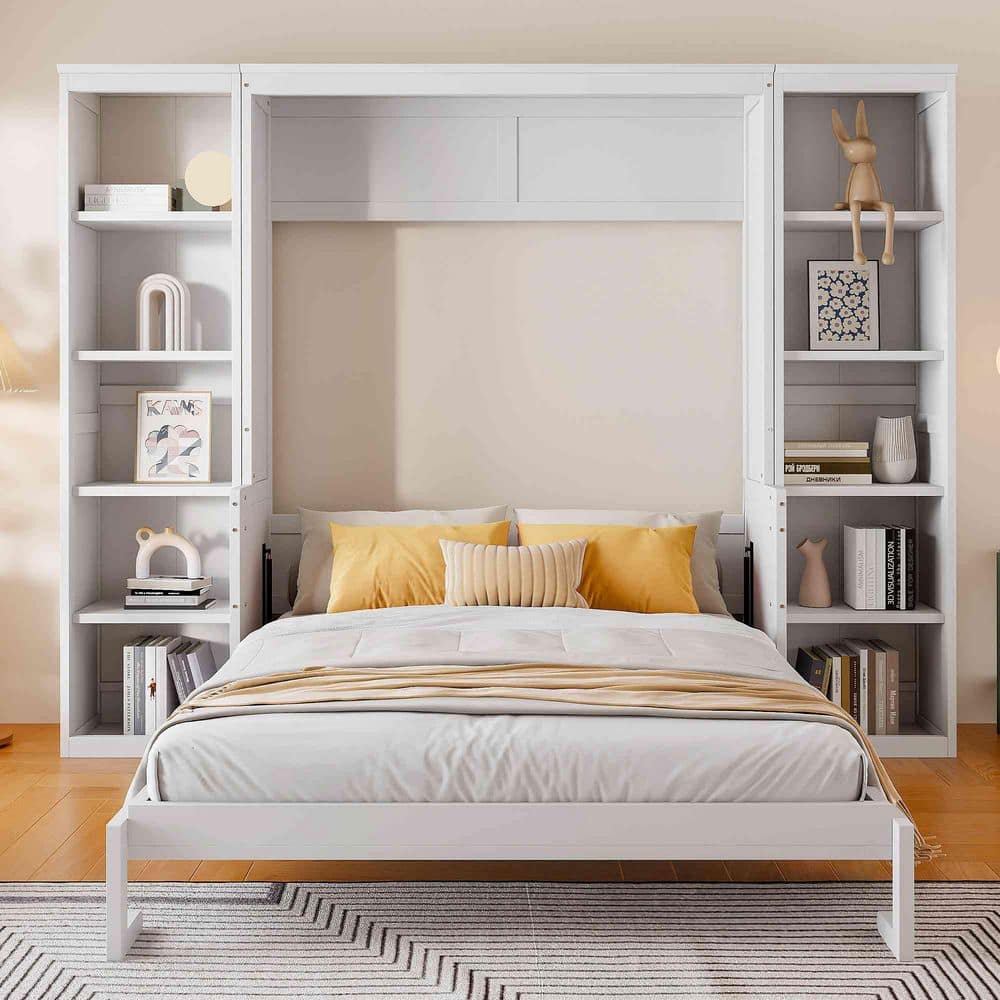 Polibi White Wood Frame Queen Size Murphy Bed with Desk and Bookshelf ...