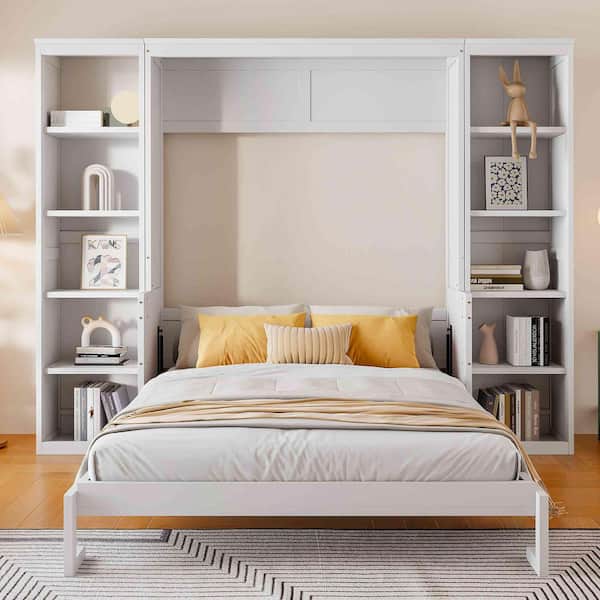 White Wood Frame Queen Size Murphy Bed with Desk and Bookshelf