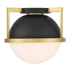 Carlysle 15 in. 1-Light Matte Black with Warm Brass Accents Flush Mount