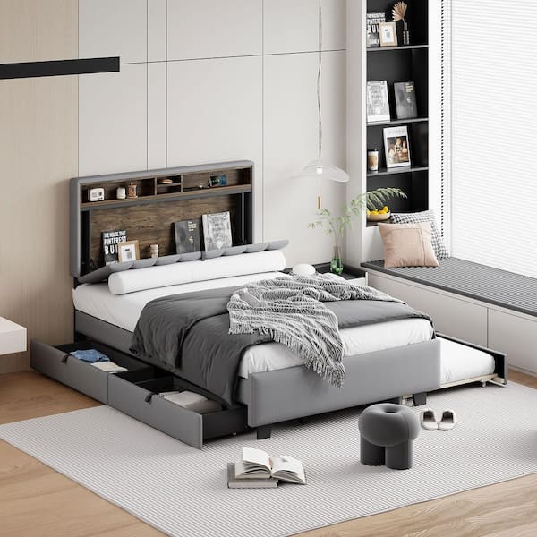 Gray Wood Frame Full Size Platform Bed with Storage Headboard, (2-Drawers) and A Set Of Sockets and Usb Ports