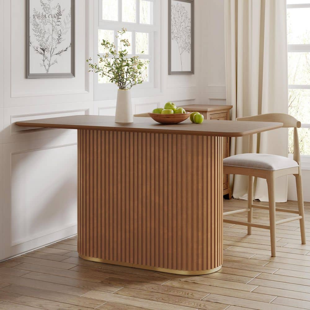 Halsey Brown Wood 63 in. W Pedestal Rectangle Dining Table with Fluted Design, Seats 4, Light Ash