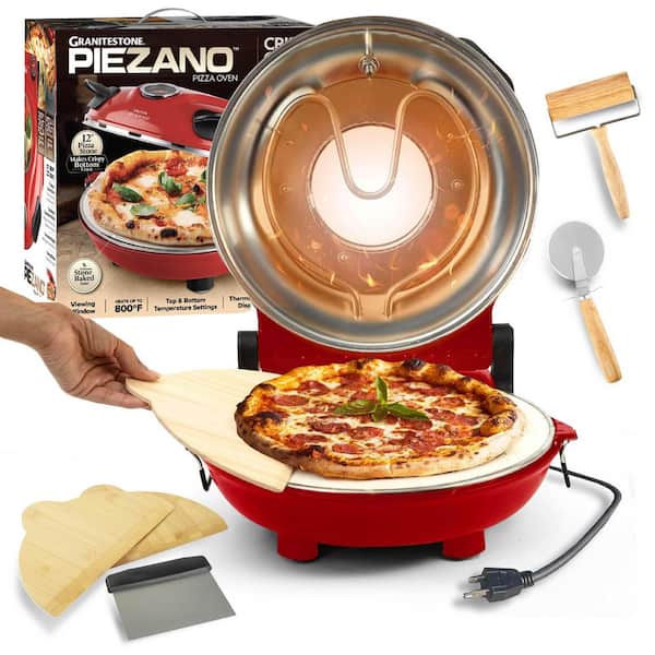 Piezano 12 in. Red Portable Countertop Stone Bake Indoor Grill Electric Oven Pizza Maker w. Dough Roller, Cutter Bundle