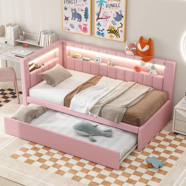 Harper & Bright Designs Pink Twin Size Wood Frame Linen Upholstered Daybed with Twin Trundle, Light Storage Headboard, USB Charging Ports