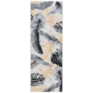 Barbados Gray/Gold 3 ft. x 8 ft. Runner Floral Geometric Indoor/Outdoor Area Rug