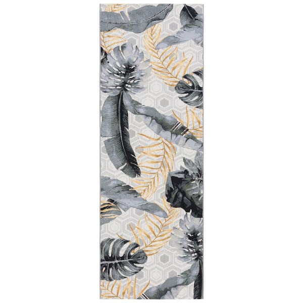 Barbados Gray/Gold 3 ft. x 8 ft. Runner Floral Geometric Indoor/Outdoor Area Rug